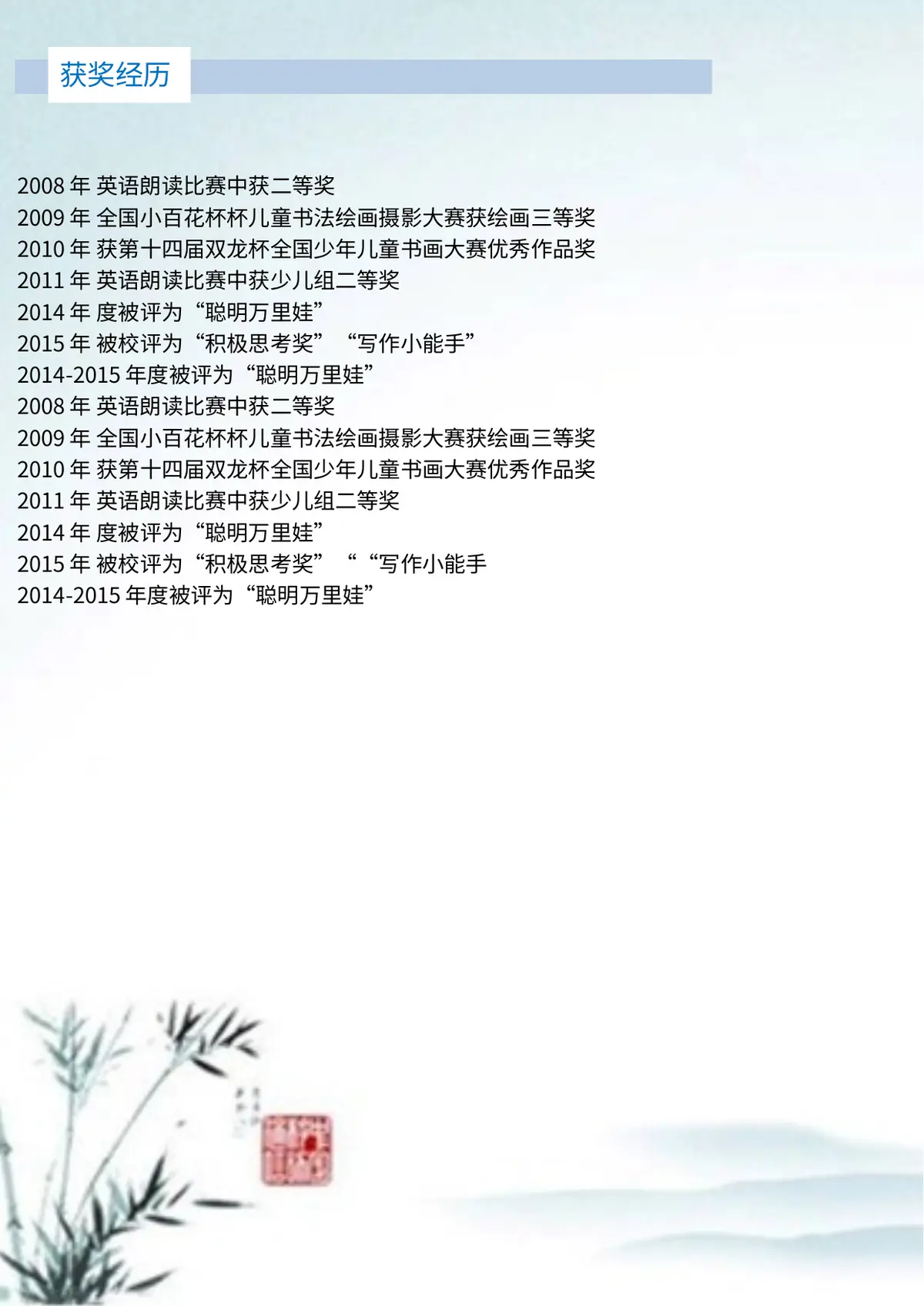 2026中国美术学院小升初简历 19第4页预览
