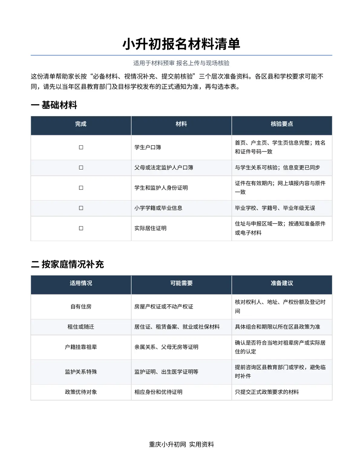 小升初报名材料清单第1页预览