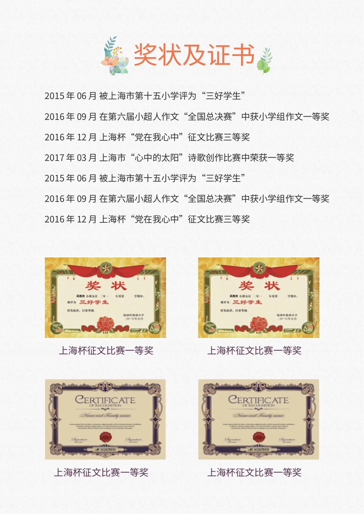 2026简约手绘花朵小升初简历模板第4页预览
