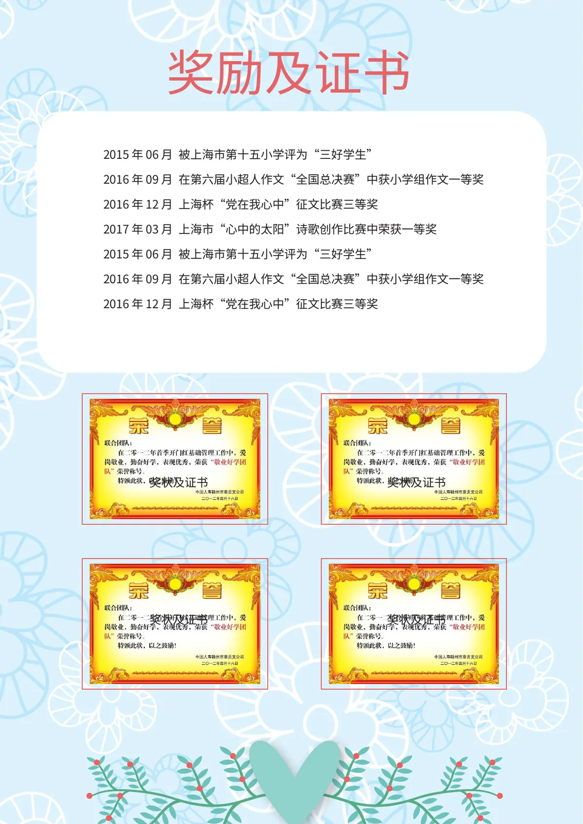 2026碎花卡通小升初简历模板第4页预览