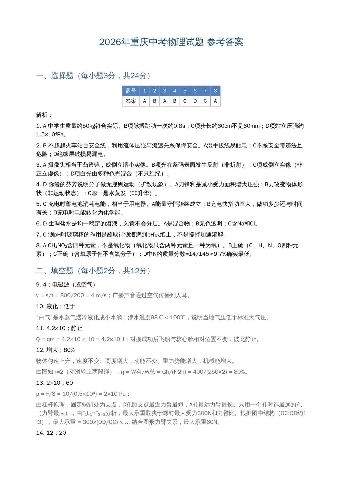 2026重庆中考物理参考答案【非官方】预览图
