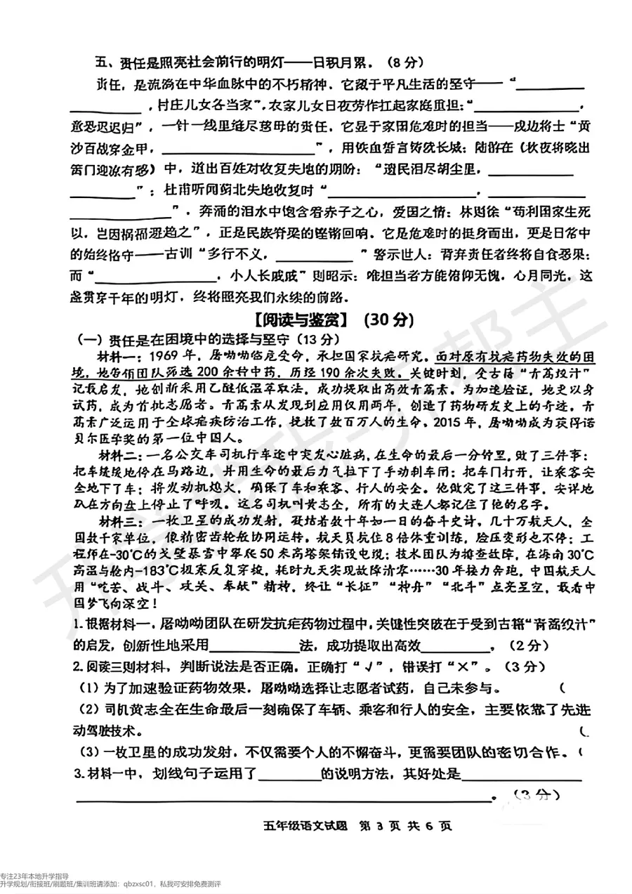 2024 2025年南岸区五年级下期语文期末试卷第2页预览