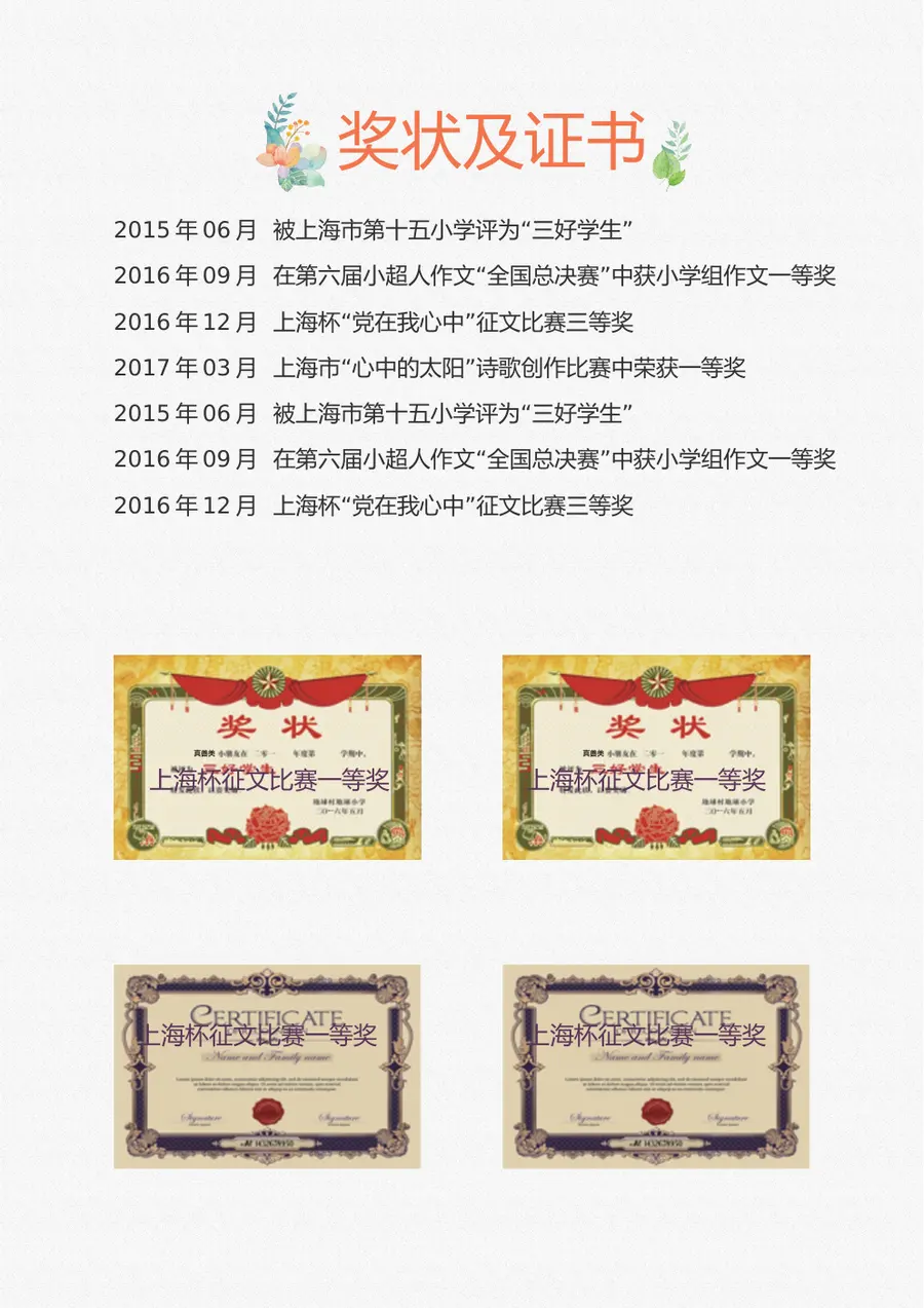 2026简约手绘花朵小升初简历模板第4页预览
