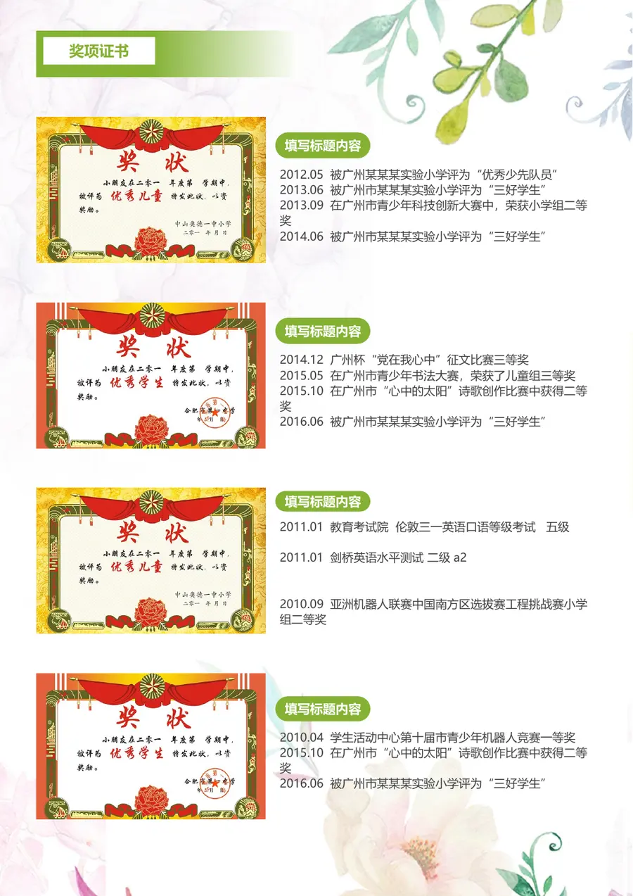 2026荣耀殿堂小升初简历模板第4页预览