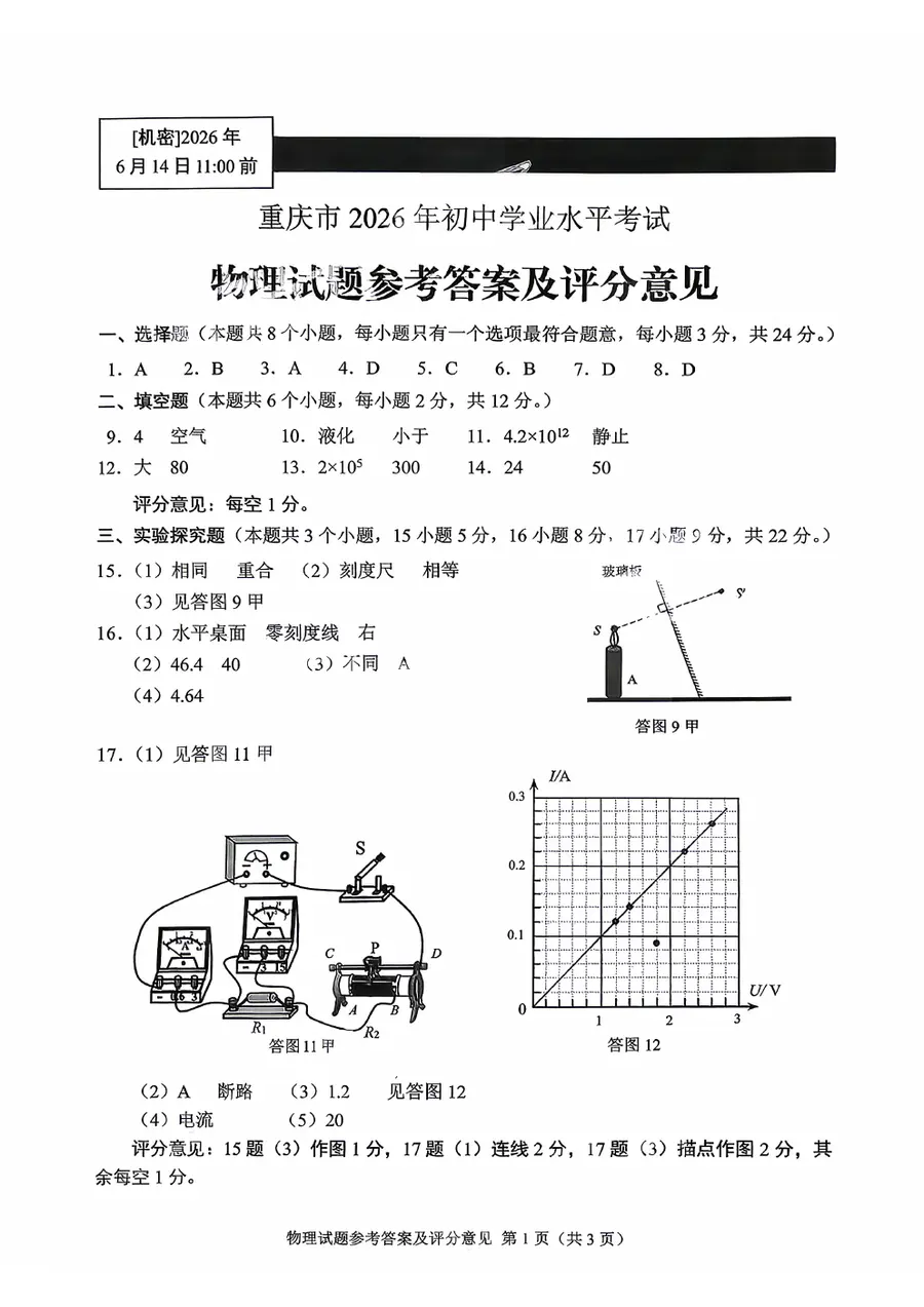 2026重庆中考 官方全科答案评分标准第12页预览