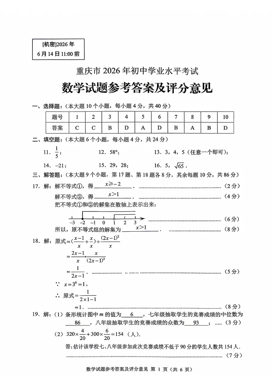 2026重庆中考 官方全科答案评分标准第4页预览